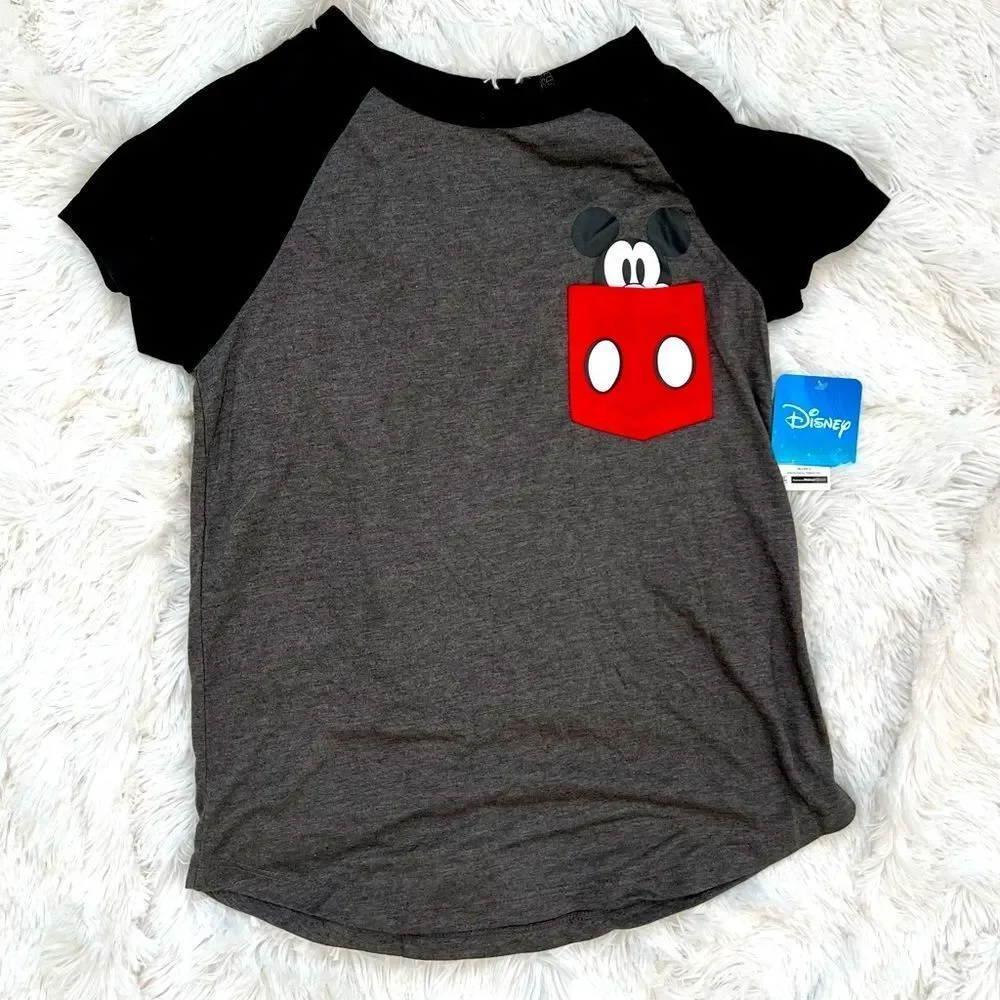 Disney Mickey Mouse Youth Gray Black Pocket T-Shirt Size 7/9 Medium NWT